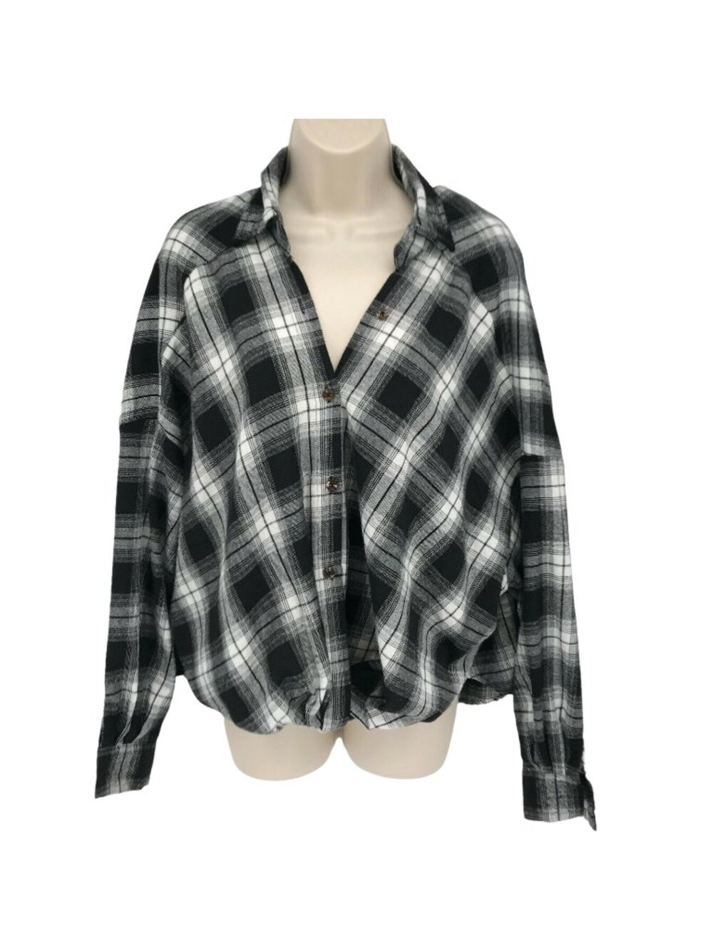 Shein Black White Cotton Blend Button-Up Plaid Blouse Long Sleeve M